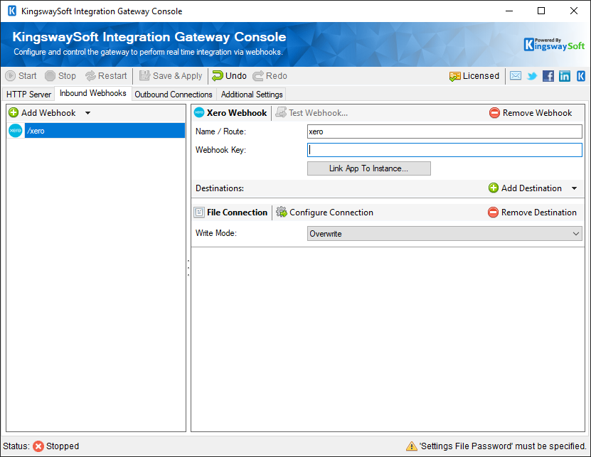 KingswaySoft Integration Gateway Console - Inbound Webhooks - Xero